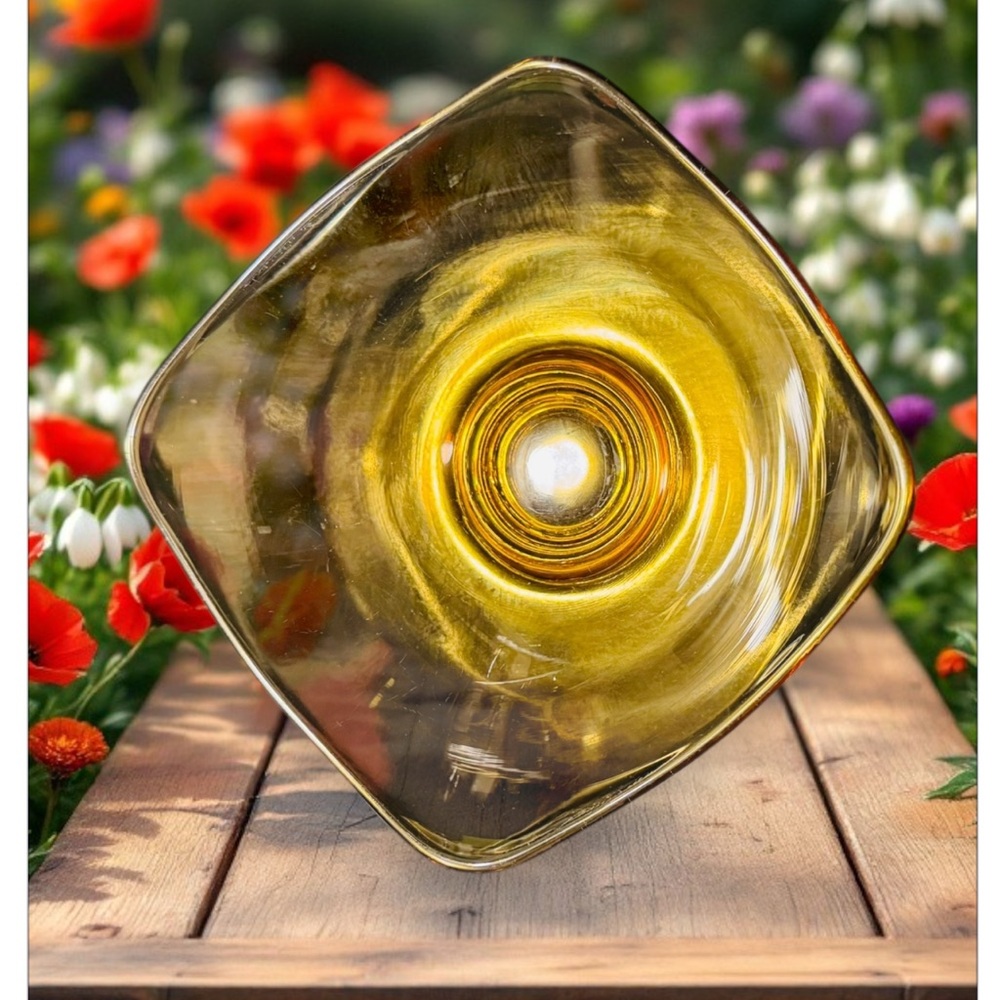 Vintage MCM Viking Glass Amber Epic Square Bon Bon Candy Nut Dish